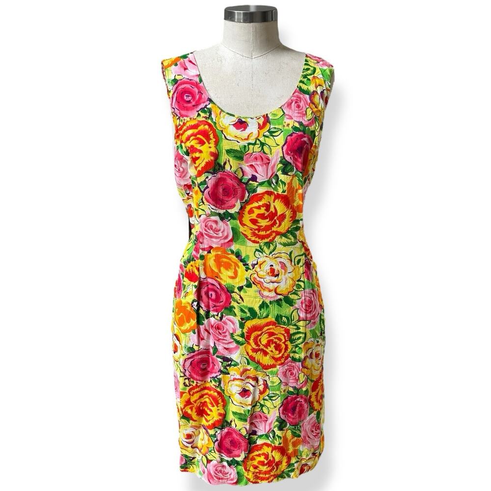 Vtg 90s Jams World Rosanna Floral Shift Dress S M Yellow Roses Rayon Sheath USA